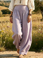 Women's Solid Textured Elastic Waist Linen Wide Leg Harem Pants