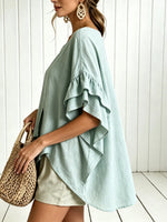 Women Solid Ruffle Batwing Sleeve Loose Blouse