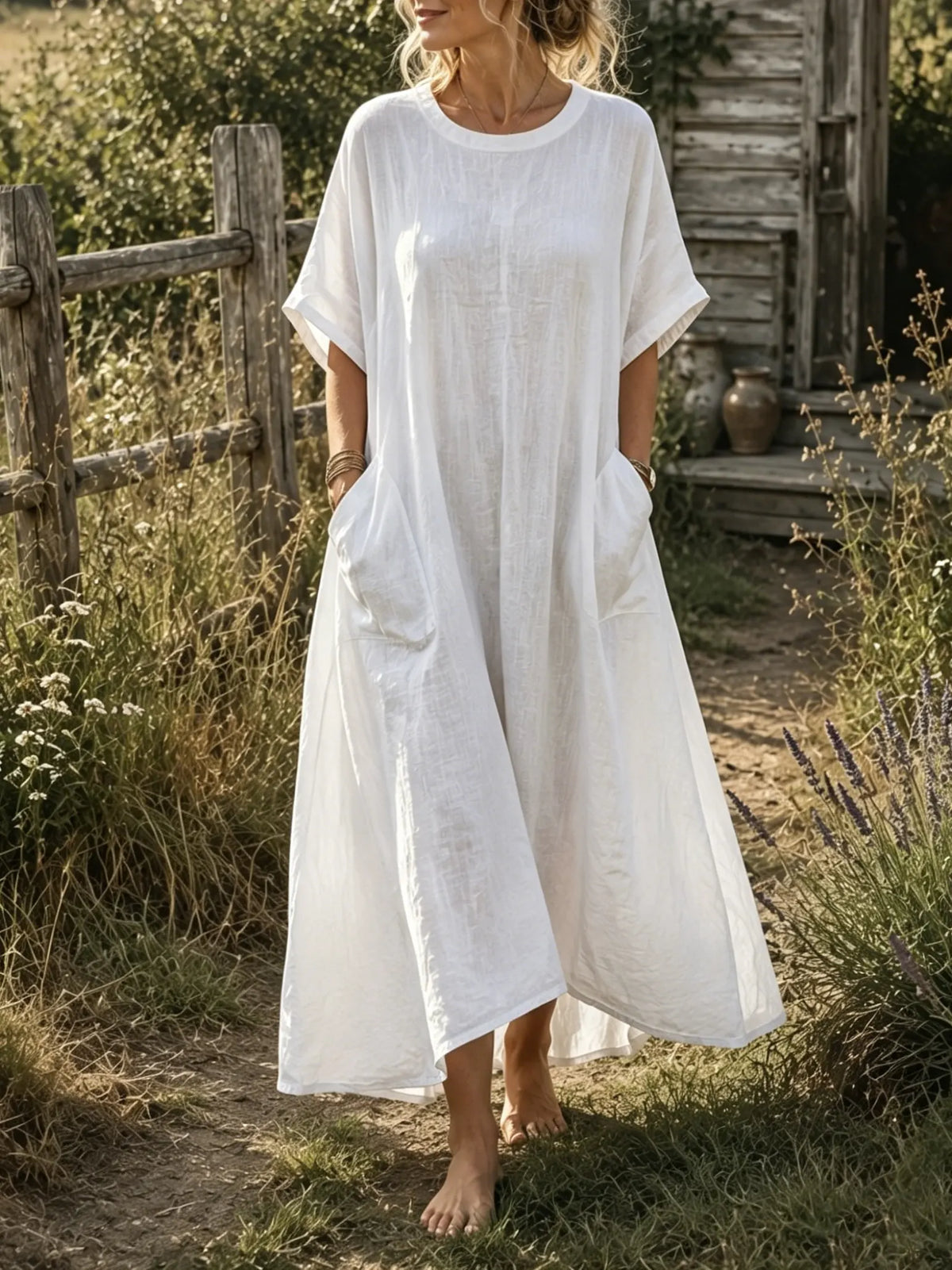 Women's Solid Textured Round Neck Dolman Short Sleeve Dual Pocket Loose Linen Maxi Dress