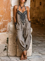 (Ships in 24Hrs)Women's V-neck Sleeveless Wide-leg Jumpsuit — Casual, Loose-fit Cotton-linen Blend With Placement Print