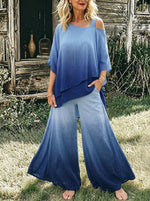 Womens Gradient Blue Cold Shoulder 2 Piece Linen Outfit Top & Wide Leg Pants Set