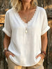 Women’s White Lace V Neck Rolled Short Sleeve Casual Blouse