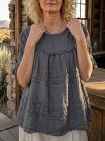 Women's Solid Raw Edge Tiered Ruffle Short Sleeve Linen Blouse