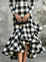 Women's Black White Plaid Ruffled Hem Art Casual Stylish Long Sleeve Dress