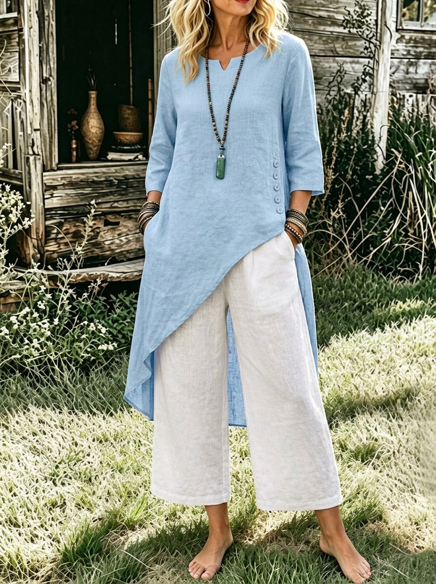Womens Asymmetric Cotton Linen Tunic & White Cropped Culottes 2 Piece Outfit Set