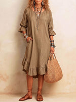 Women's Solid Color V-Neck 3/4 Sleeve Casual Loose Cotton-Linen Dress