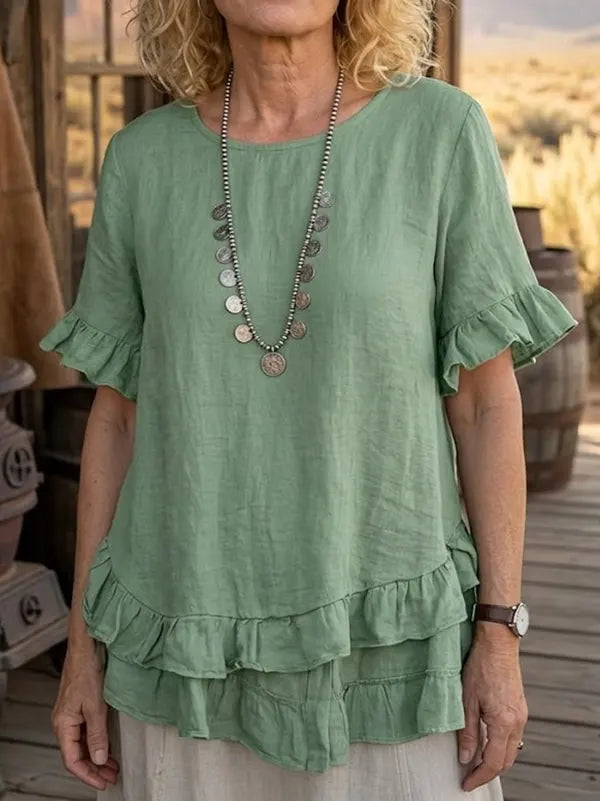 Women's Solid Linen Blend Ruffle Hem Short Sleeve Casual Blouse