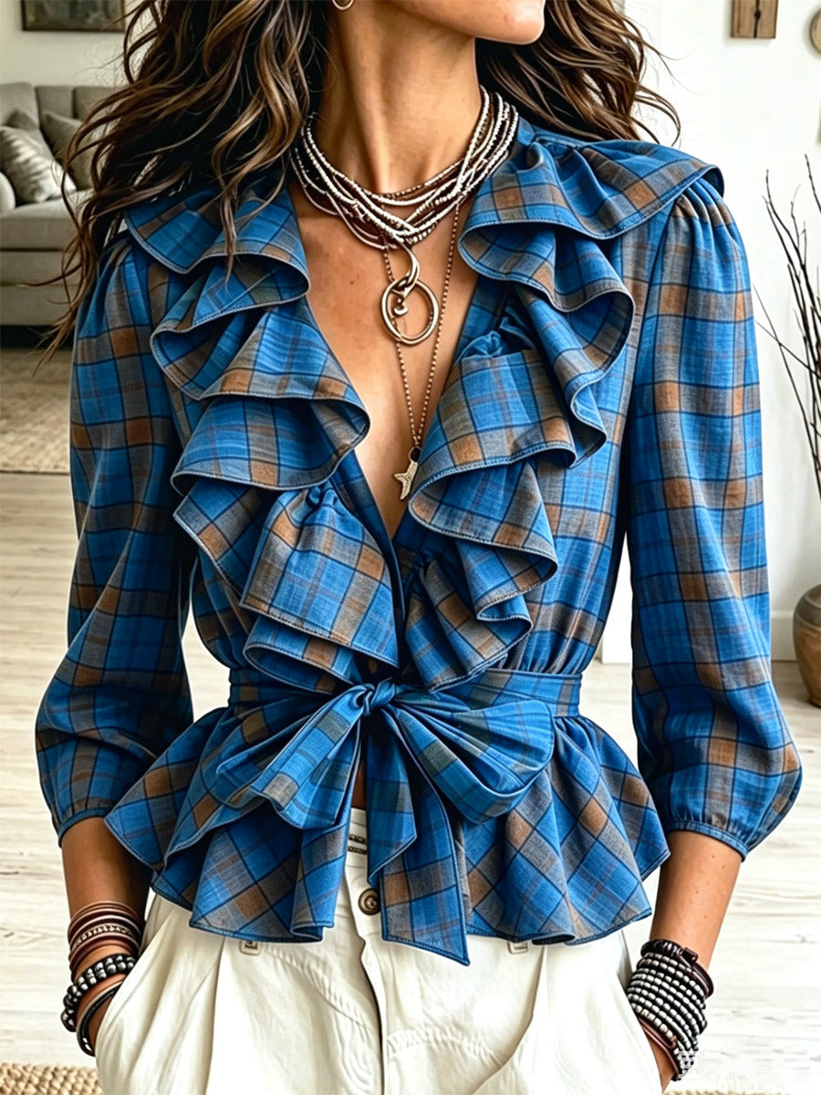 Women's Plaid Pattern Ruffled Art Casual Stylish Cotton Linen Shirt