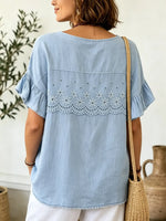 Women Daisy Eyelet Embroidery Ruffle Short Sleeve Babydoll Top