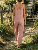 Women's Solid Textured Ruffle V-Neck Dual Pocket Loose Sleeveless Jumpsuit