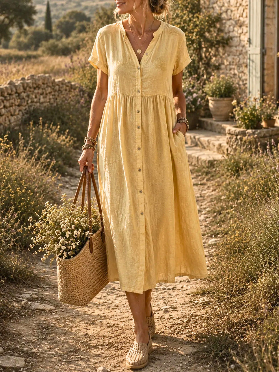 Women's Solid Textured Notched Neck Half Button Short Sleeve Pocket Midi Dress