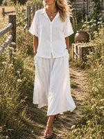 Women's Solid Textured Collar Short Sleeve Shirt & Wide Leg Maxi Skirt 2 Piece Set