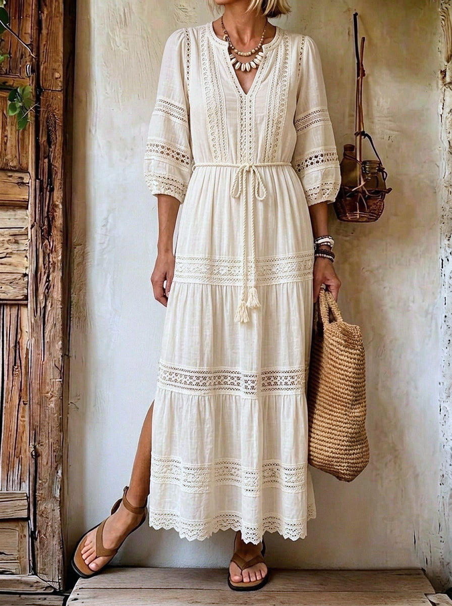 Women's Boho Lace Tiered Cotton Linen Midi Dress With Waist Drawstring