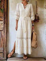 Women's Boho Lace Tiered Cotton Linen Midi Dress With Waist Drawstring
