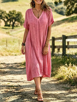 Women's Solid-Color Textured V-Neck Short-Sleeve Loose Midi Dress