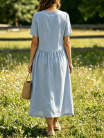 Women's Solid Crew Neck Diagonal Button Slit Short Sleeve Linen Midi Dress