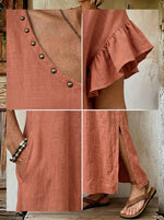 Women's Ruffled Sleeve Rivet V-neck Slit Maxi Casual Dress With Pocket
