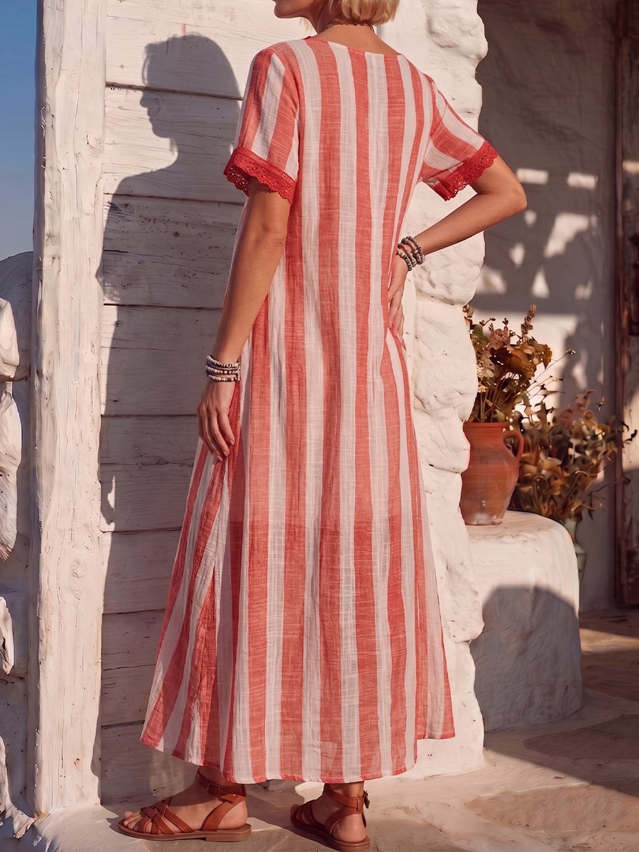 Vintage Art Comfortable Summer Fabrics Cotton Linen Contrasting Stripes Dress