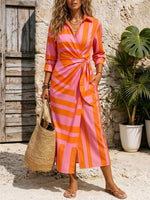 Women's Striped Wrap Tie Waist Midi Shirt Dress