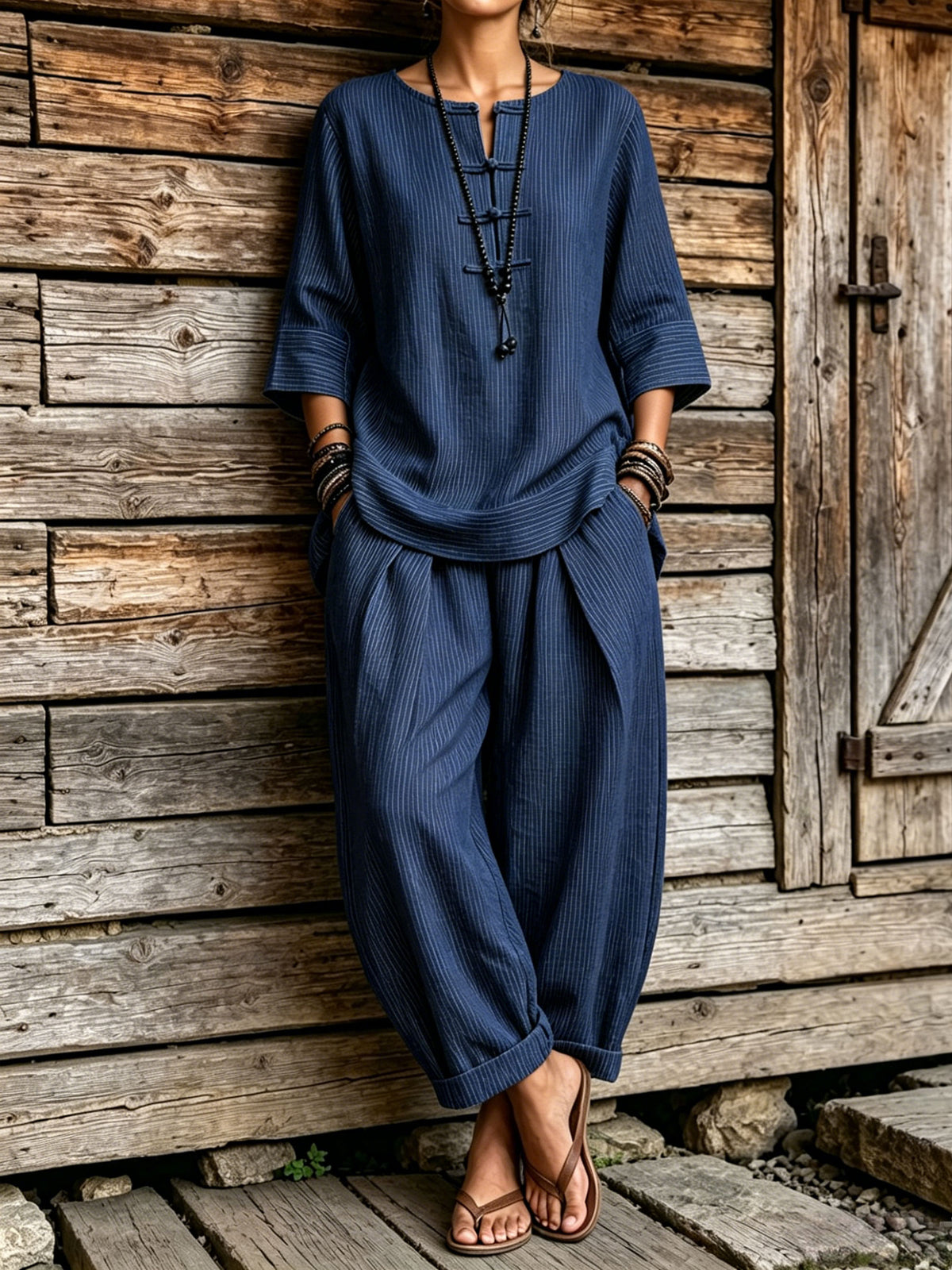 Womens Striped Cotton Linen Two Piece Outfit Frog Button 3/4 Sleeve Top & Harem Pants Set