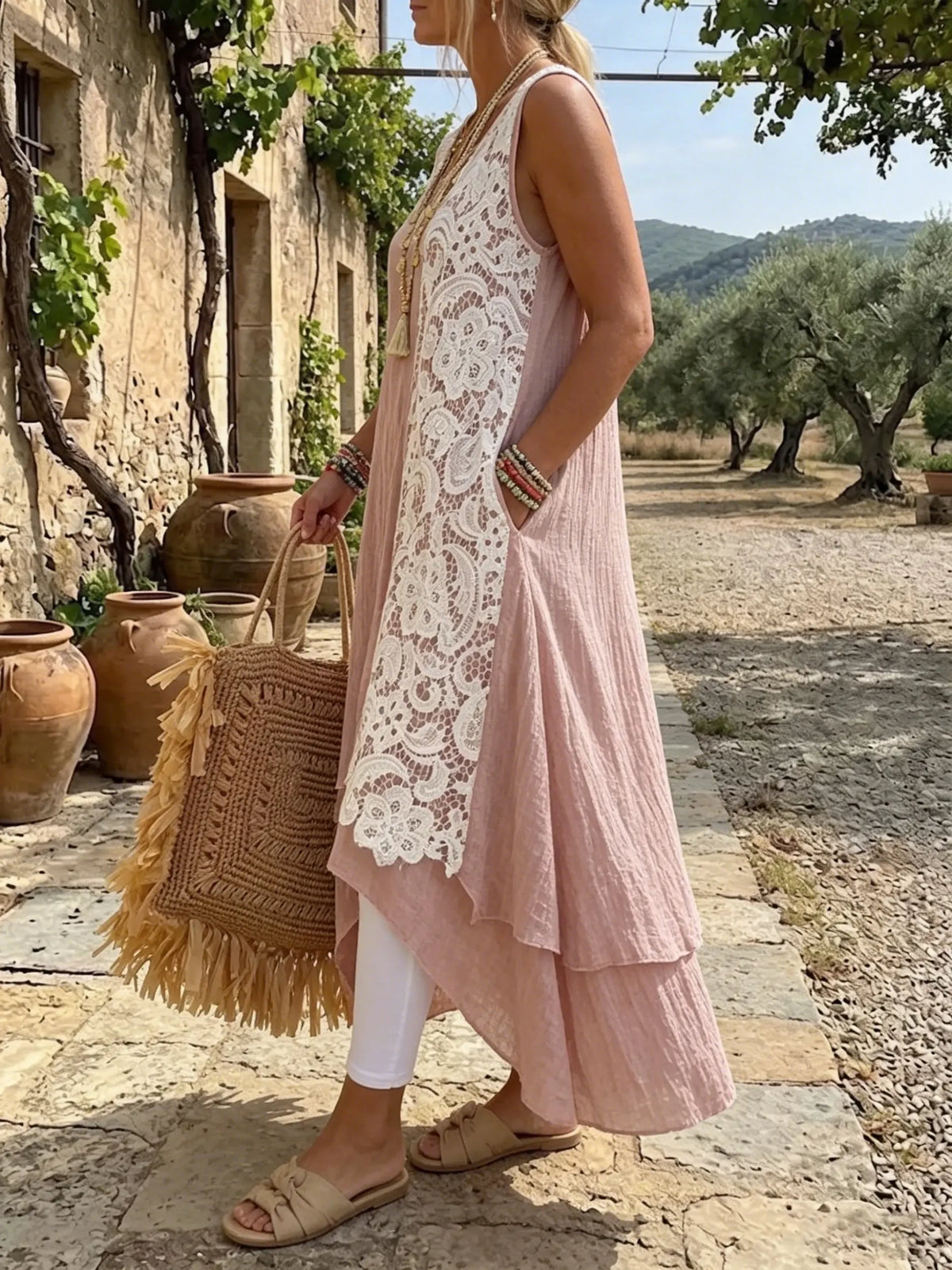 Dusty Rose Asymmetrical Lace-Panel Dress