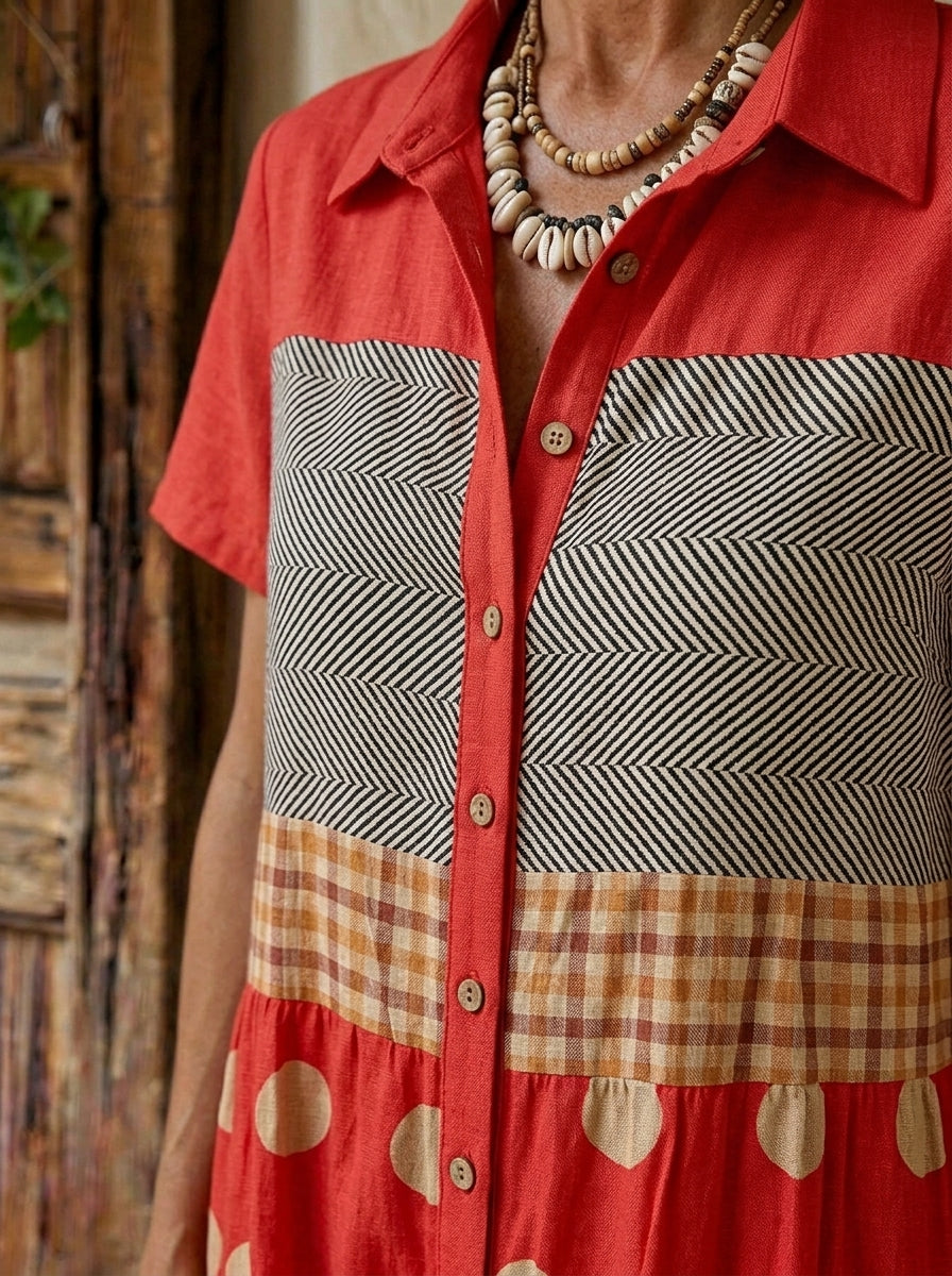Women's Cute Vintage Patchwork Print Button Front Shirt Midi Dress