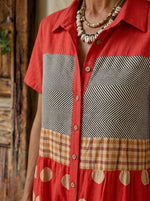 Women's Cute Vintage Patchwork Print Button Front Shirt Midi Dress