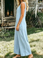 Women’s Summer Cotton Casual Sleeveless V-neck Pocket Wide-leg Jumpsuit