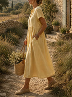 Women's Solid Textured Notched Neck Half Button Short Sleeve Pocket Midi Dress