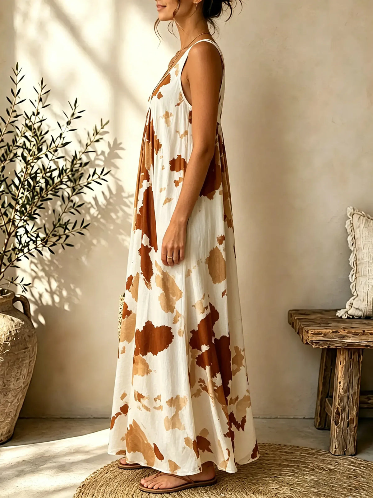 Women Ink Wash Tie Dye V-Neck Sleeveless Flowy Maxi Dress