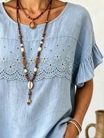 Women Daisy Eyelet Embroidery Ruffle Short Sleeve Babydoll Top