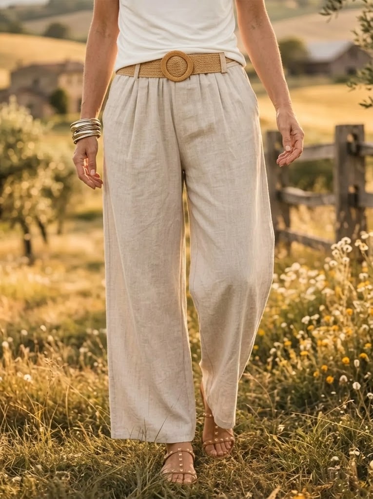 Women's Solid Linen-Blend Elastic Waist Wide Leg Trousers