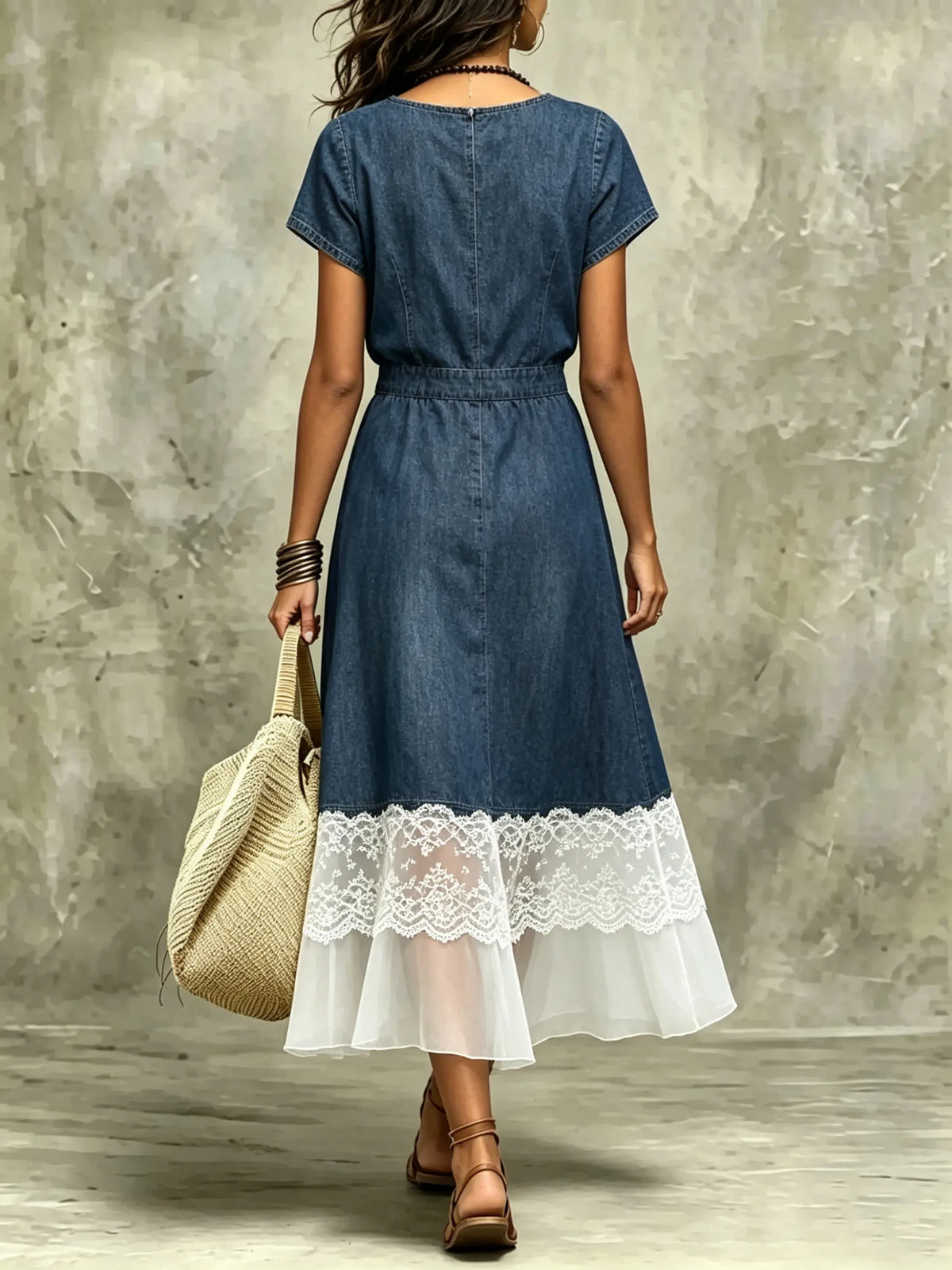 Women's Denim Lace Patchwork Midi Dress