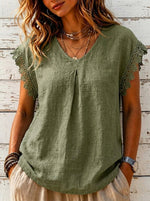 Women’s V Neck Lace Cap Sleeve Pleated Linen Blend Blouse