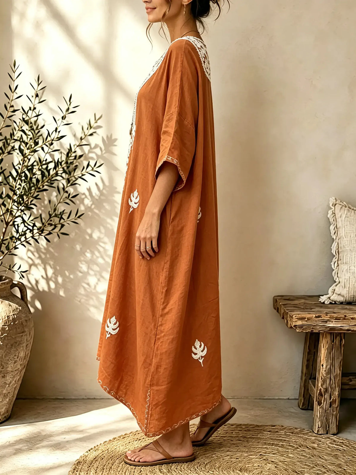 Women Floral Leaf Embroidery 3/4 Sleeve Loose Maxi Dress