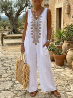 Bohemian Floral Print Sleeveless Wide Leg Linen Jumpsuit