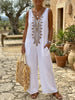 Bohemian Floral Print Sleeveless Wide Leg Linen Jumpsuit