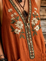 Women's Boho Floral Embroidered Jumpsuit – Sleeveless V-Neck Cotton Linen Romper with Pockets