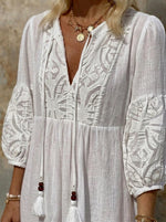 Women’s Tassel Tie V Neck Eyelet Embroidery Puff Sleeve Midi Dress