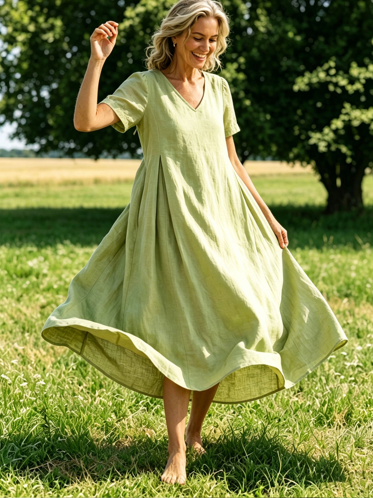 Women’s Casual Cotton Sunmmer Short Sleevev-neck Pocket Maxi Dress
