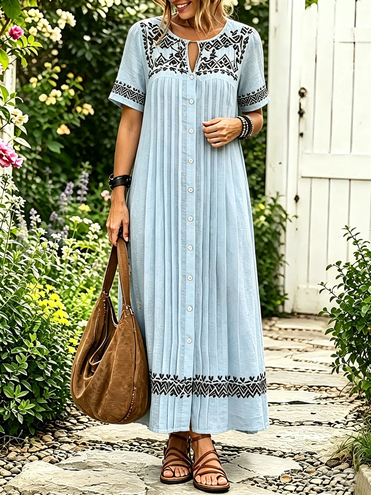 Women Solid Ethnic Embroidery Button Down Short Sleeve Shirt Dress