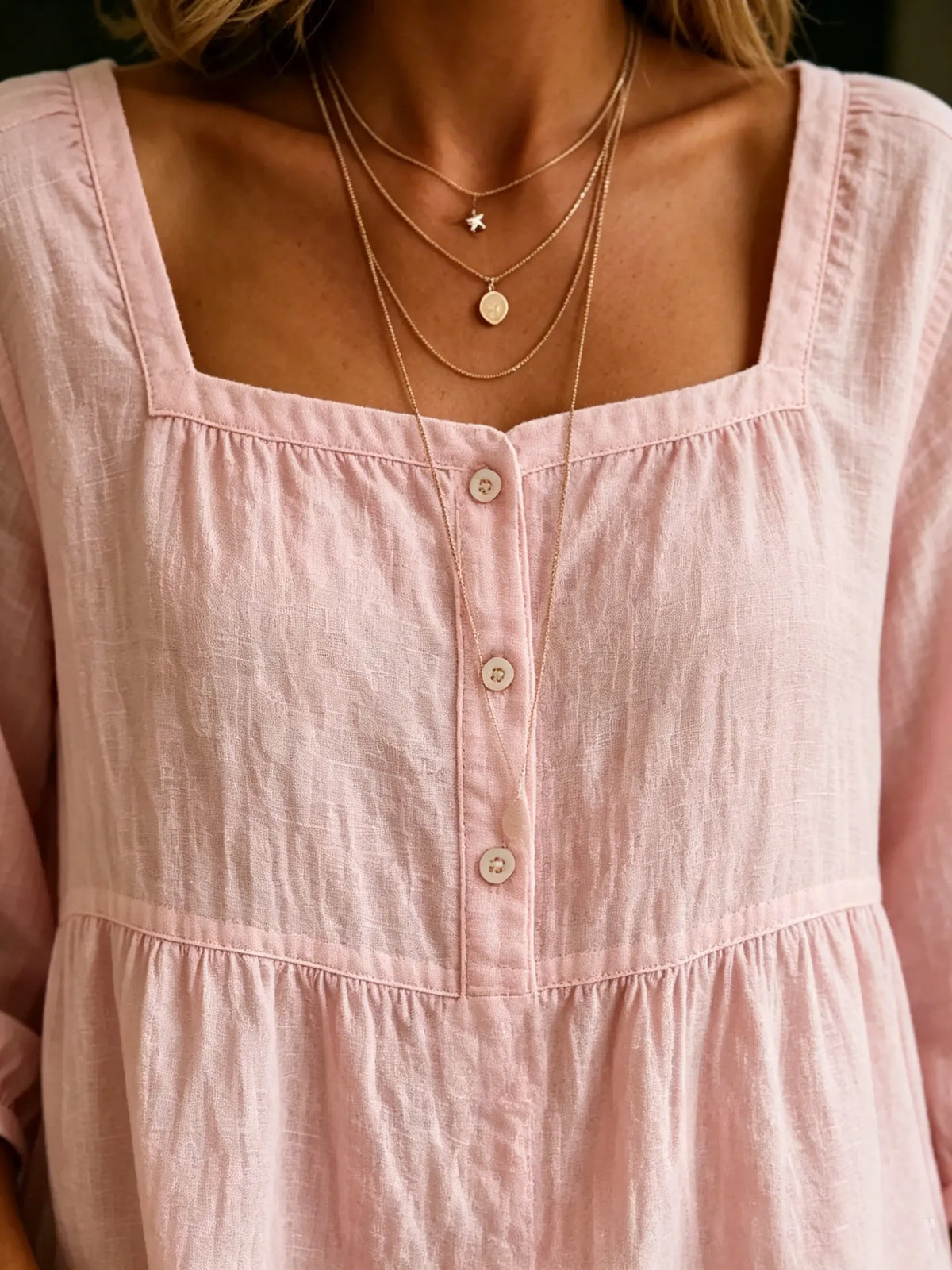 Women's Solid Square Neck Half Button Ruched 3/4 Puff Sleeve Cotton Linen Blouse