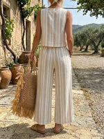 Women's Beige Striped Sleeveless Linen-Blend Set