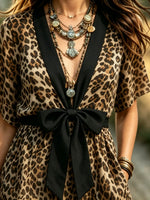 Women's Leopard Print Bow Tie Layered Dress