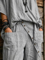 Womens Wrap V Neck Cotton Linen Two Piece Set Loose Short Sleeve Top & Button Harem Pants