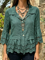 Women's Dark Green Eyelet Peplum Shirt