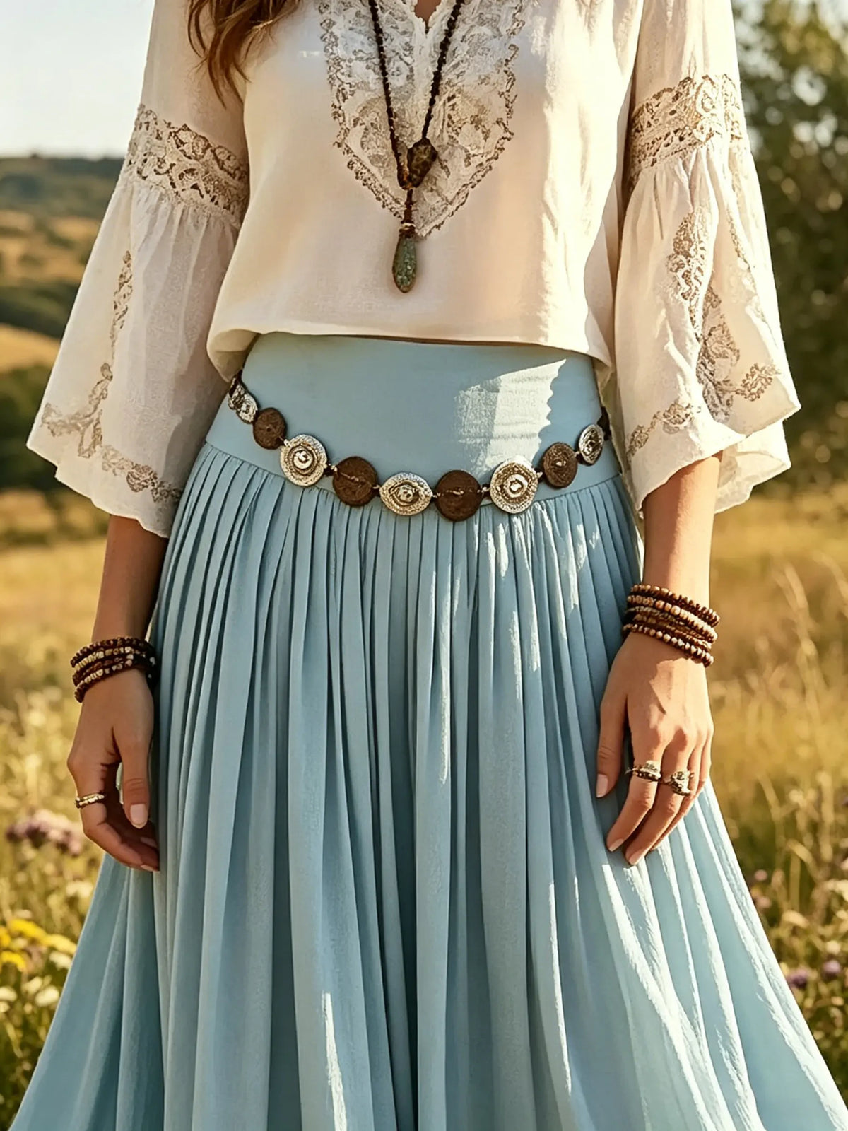 Women's Solid Pleated Flowy High Waist Boho Maxi Skirt