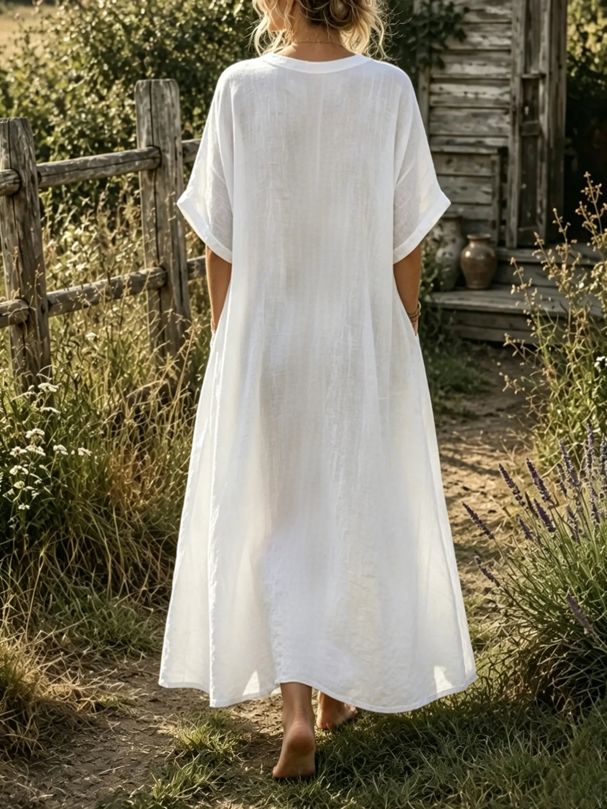 Women's Solid Textured Round Neck Dolman Short Sleeve Dual Pocket Loose Linen Maxi Dress