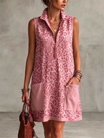 Leopard Print Sleeveless Cropped Dress Featuring A Half-zip Collar And Contrasting Patch Pockets.