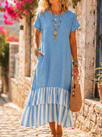 Women’s Striped Ruffle Hem Cotton Linen Midi Dress With Pockets
